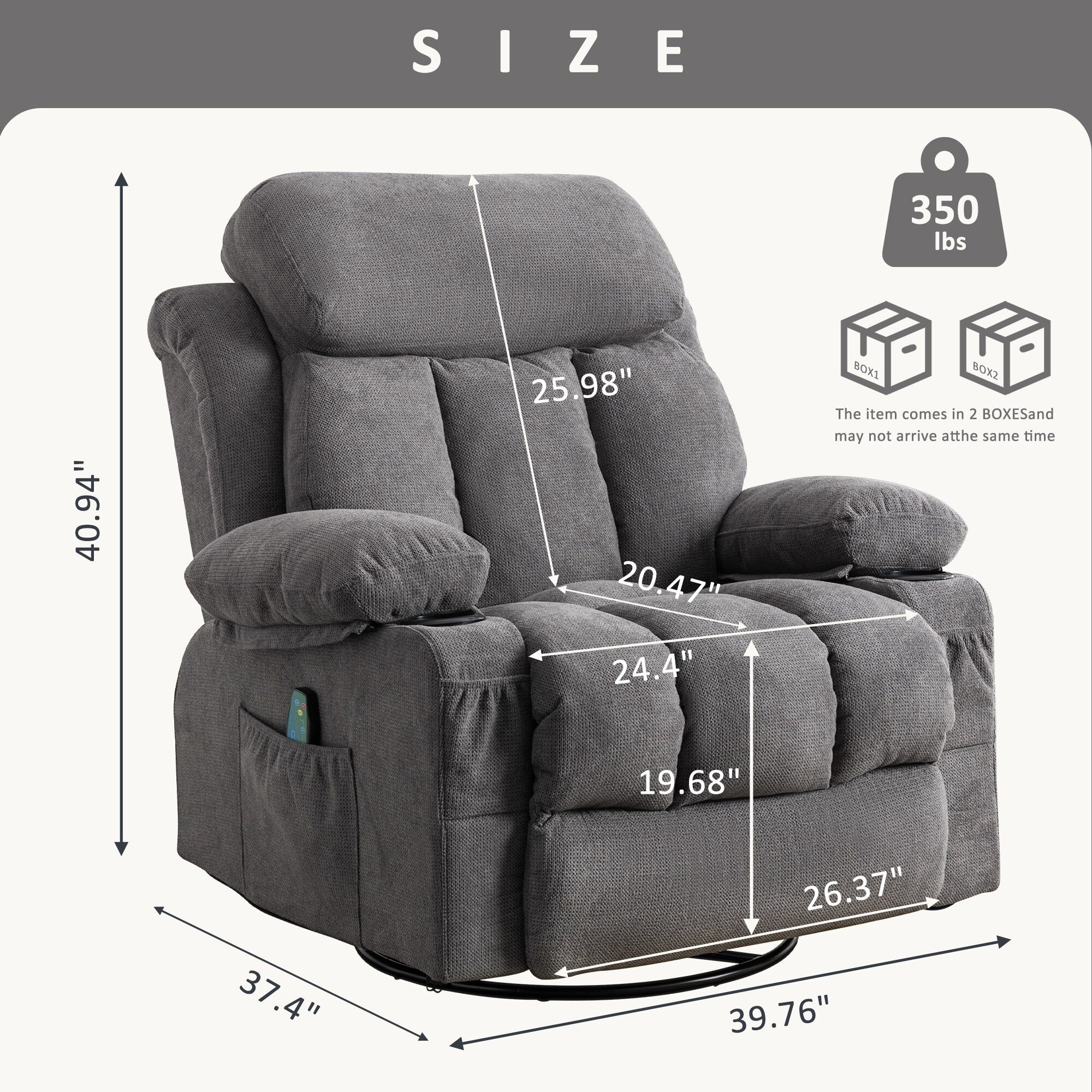 Fauteuil inclinable pivotant à 360° beige avec massage et chauffage, chargement USB, deux porte-gobelets et grandes poches latérales