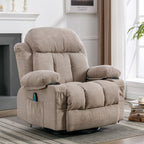 Fauteuil inclinable pivotant à 360° beige avec massage et chauffage, chargement USB, deux porte-gobelets et grandes poches latérales