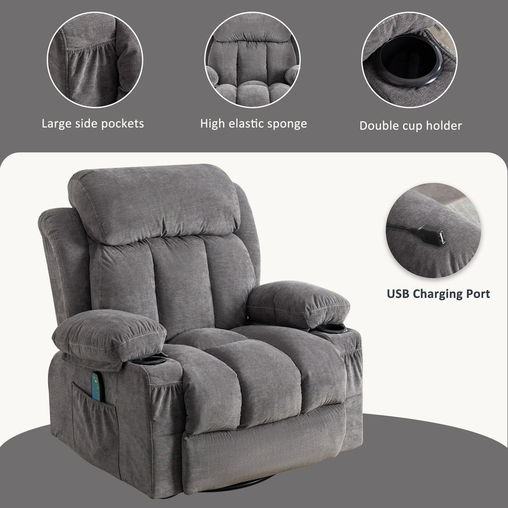 Fauteuil inclinable pivotant à 360° beige avec massage et chauffage, chargement USB, deux porte-gobelets et grandes poches de rangement