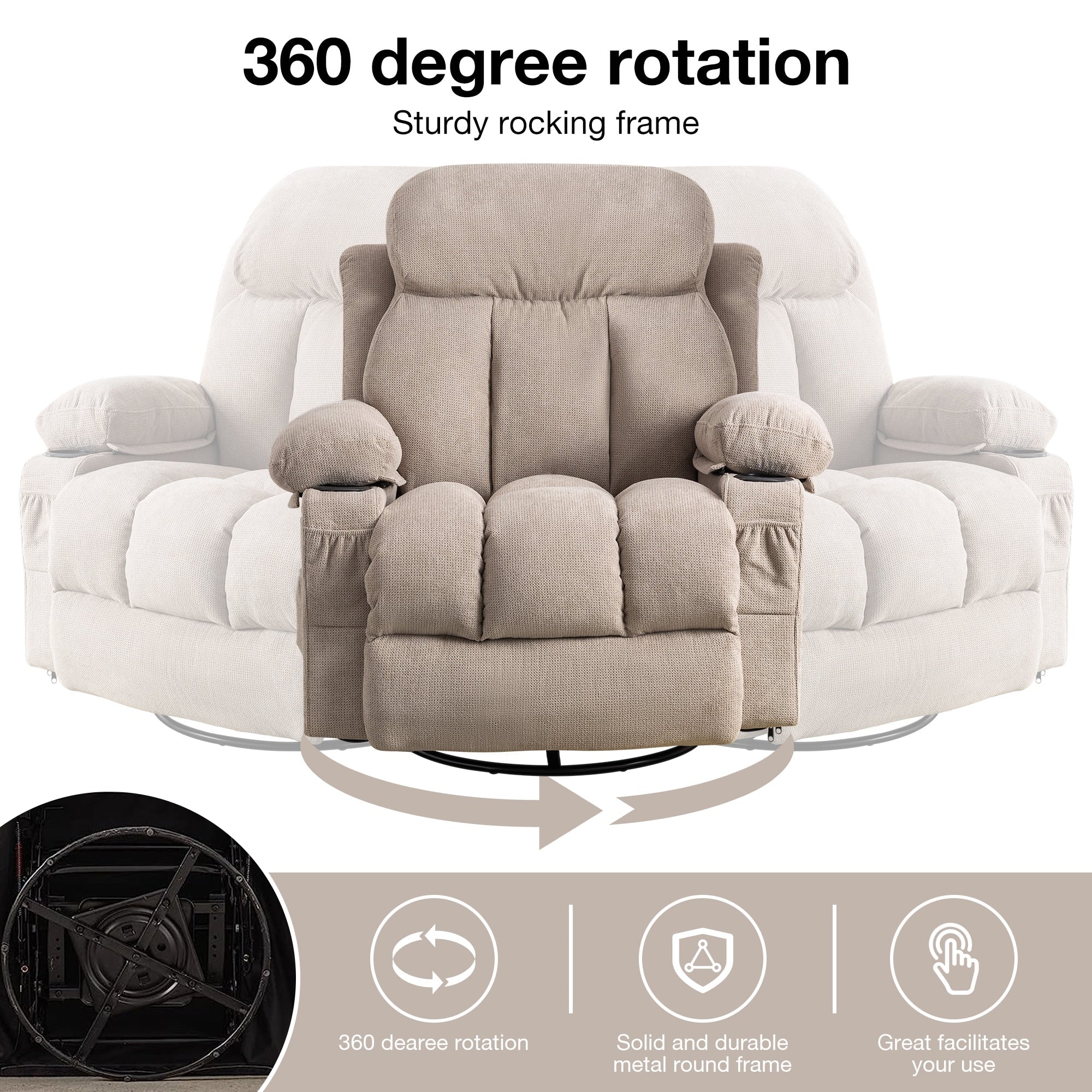 Fauteuil inclinable pivotant à 360° beige avec massage, chauffage, chargement USB, deux porte-gobelets et grand espace de rangement latéral