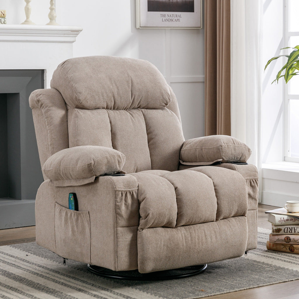 Fauteuil inclinable pivotant à 360° beige avec massage, chauffage, chargement USB, deux porte-gobelets et grand espace de rangement latéral