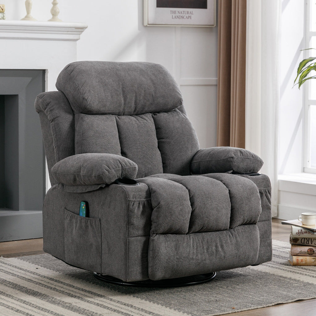 Fauteuil inclinable pivotant à 360° beige avec massage, chauffage, chargement USB, deux porte-gobelets et grand espace de rangement latéral