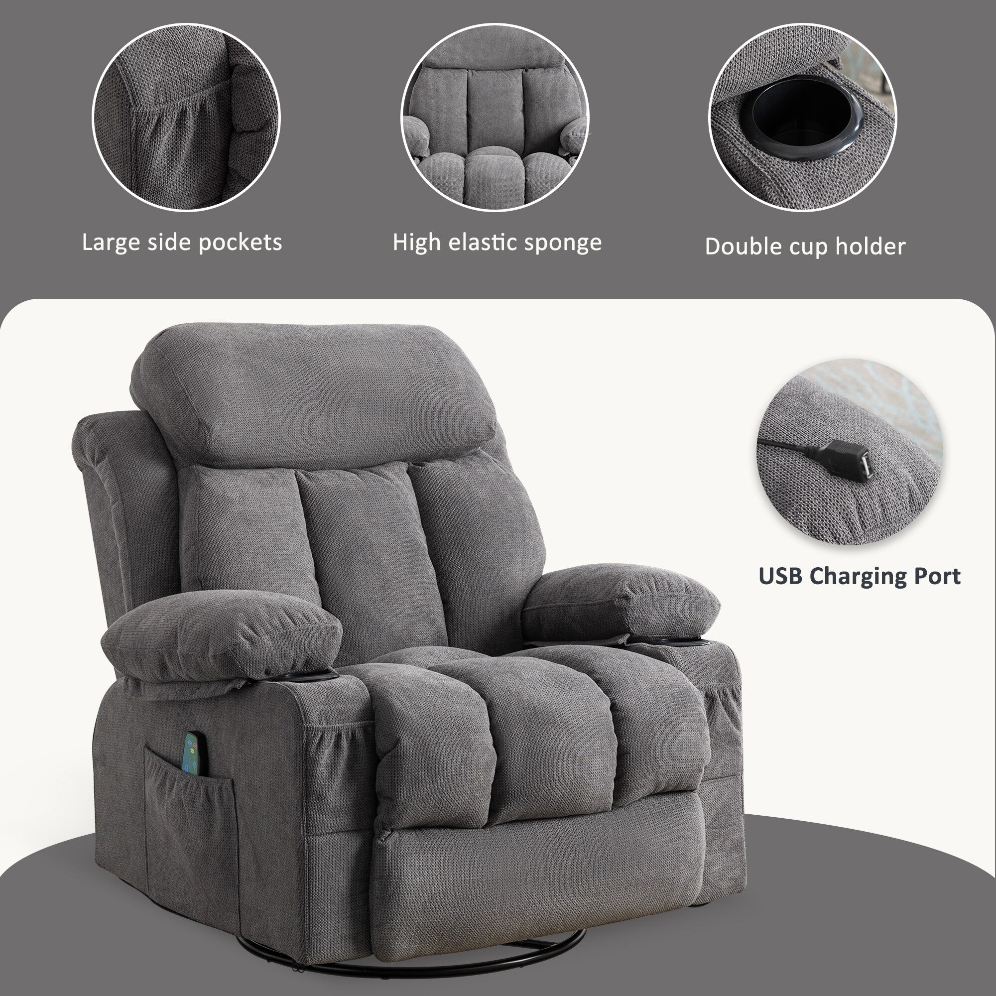 Fauteuil inclinable pivotant à 360° beige avec massage, chauffage, chargement USB, deux porte-gobelets et grand espace de rangement latéral