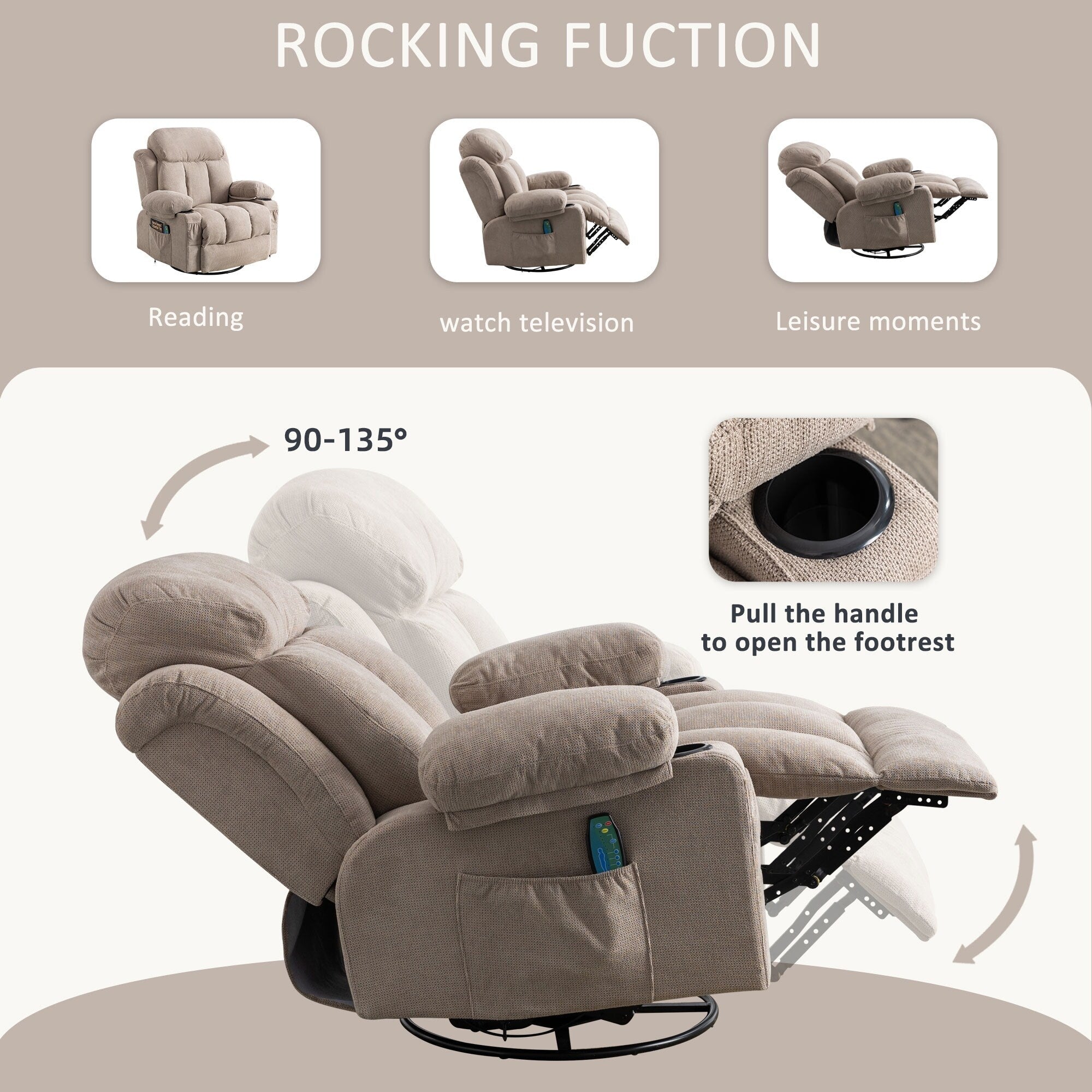 Fauteuil inclinable pivotant à 360° beige avec massage, chauffage, chargement USB, deux porte-gobelets et grand espace de rangement latéral