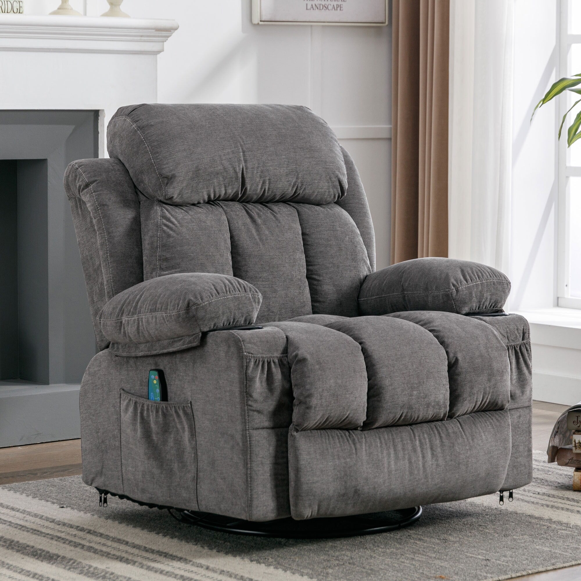 Fauteuil inclinable pivotant à 360° beige avec massage, chauffage, chargement USB, deux porte-gobelets et grand compartiment de rangement