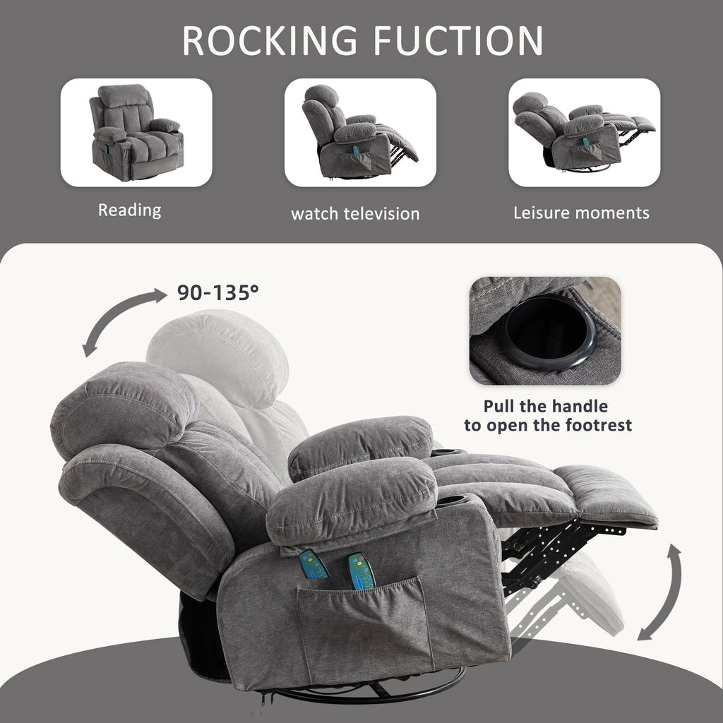 Fauteuil inclinable pivotant à 360° beige avec massage, chauffage, chargement USB, deux porte-gobelets et grand compartiment de rangement