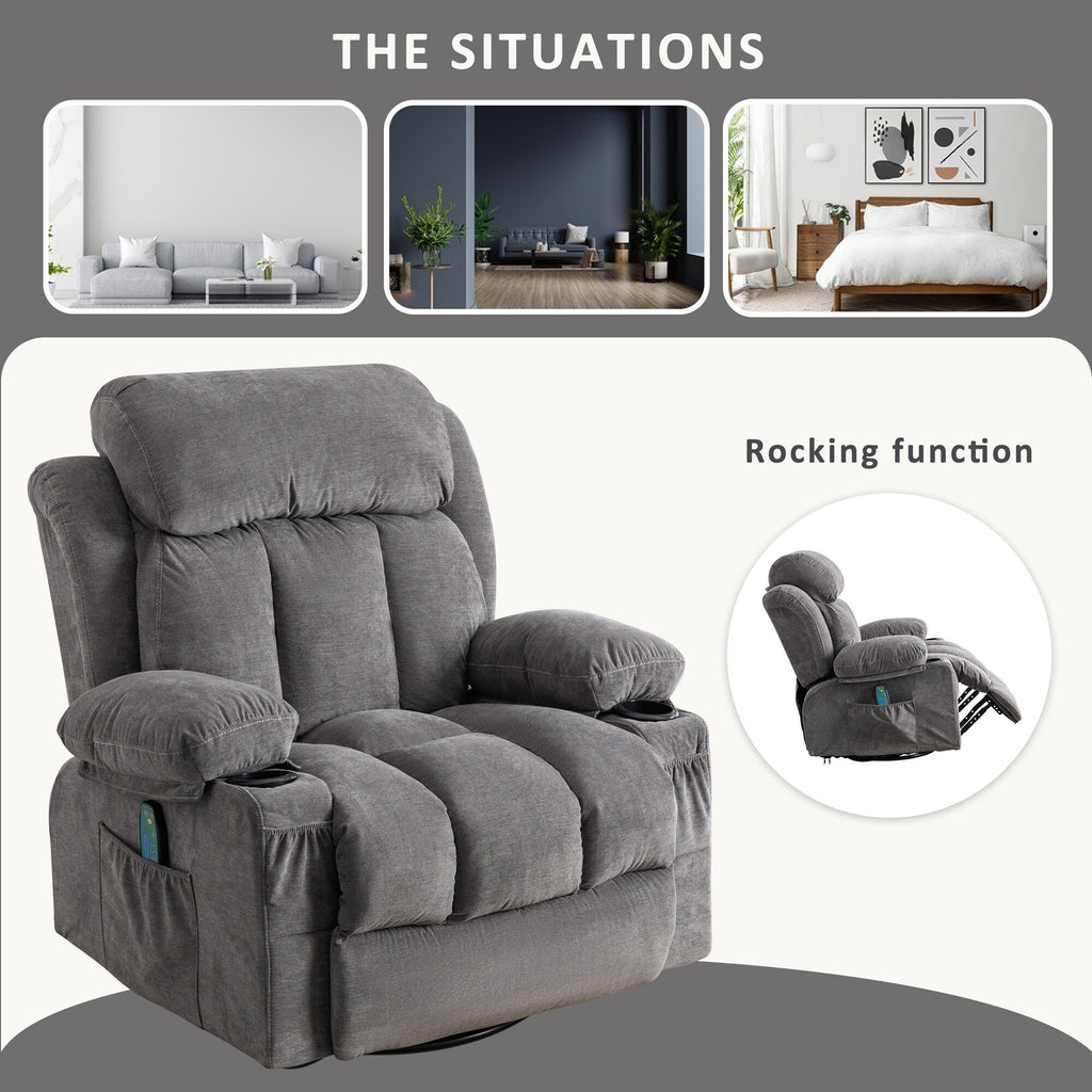 Fauteuil inclinable pivotant à 360° beige avec massage, chauffage, chargement USB, deux porte-gobelets et grand compartiment de rangement