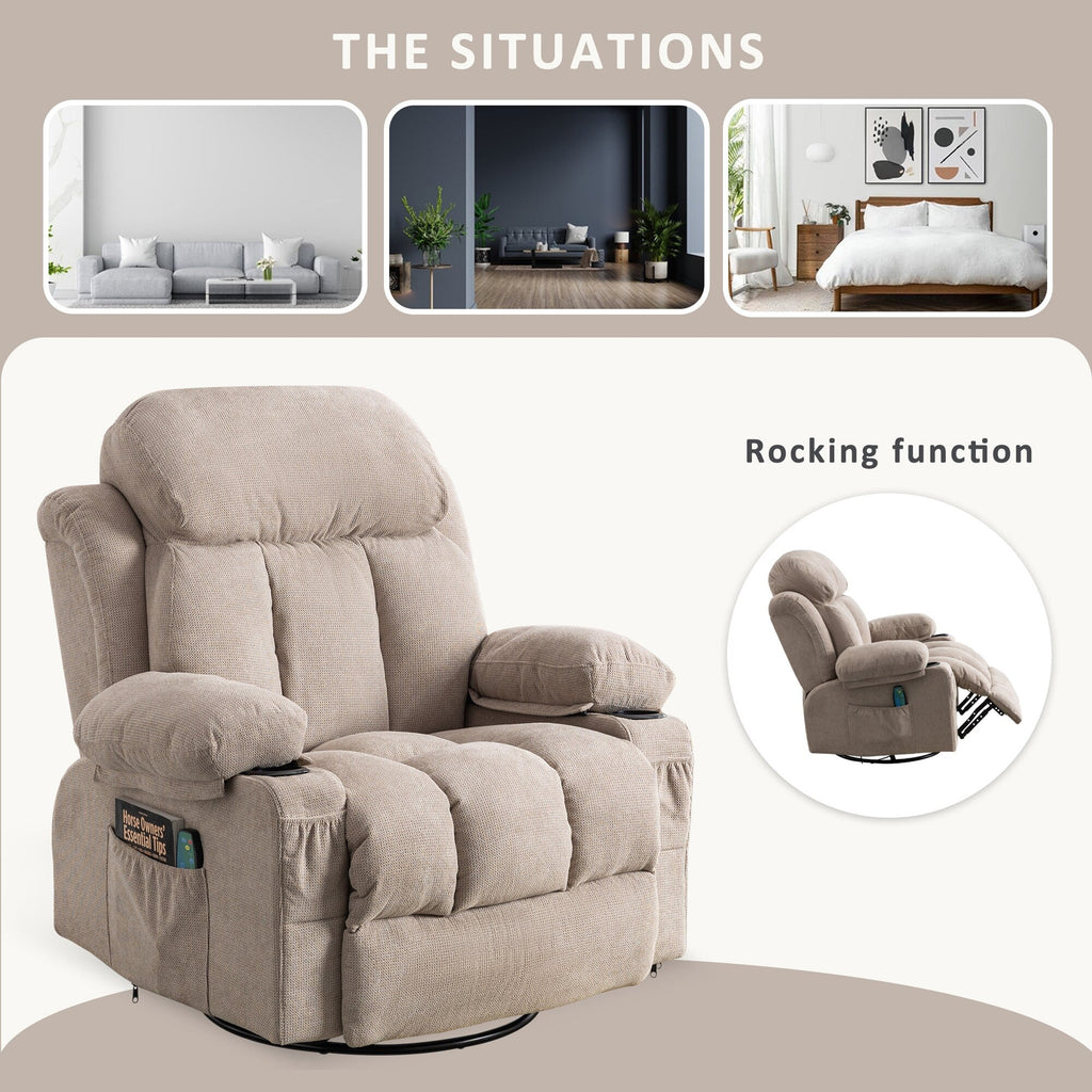 Fauteuil inclinable pivotant à 360° beige avec massage, chauffage, chargement USB, deux porte-gobelets et grand compartiment de rangement