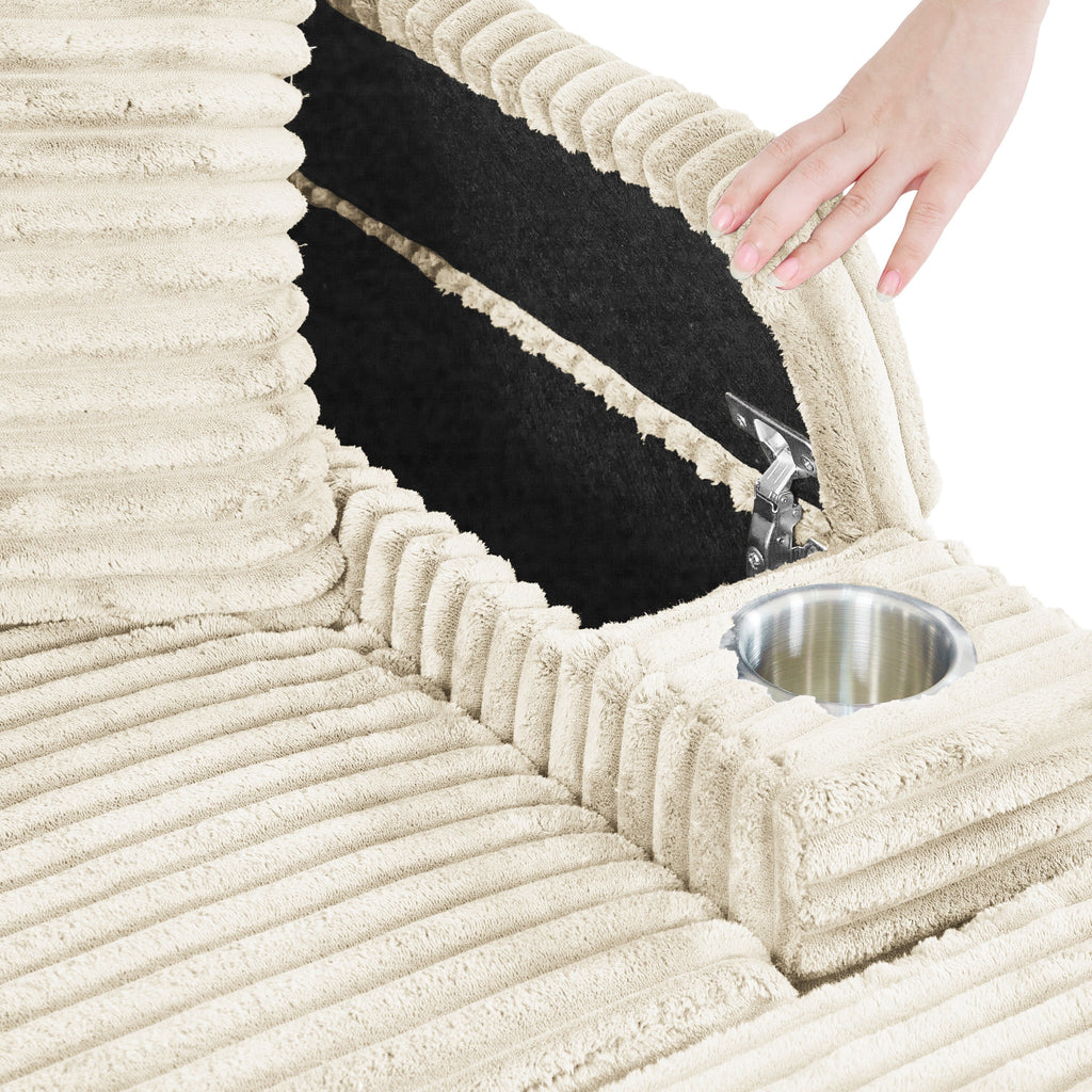 Canapé simple profond en velours côtelé beige 42,52 po avec pouf amovible, accoudoir avec rangement et 2 coussins décoratifs