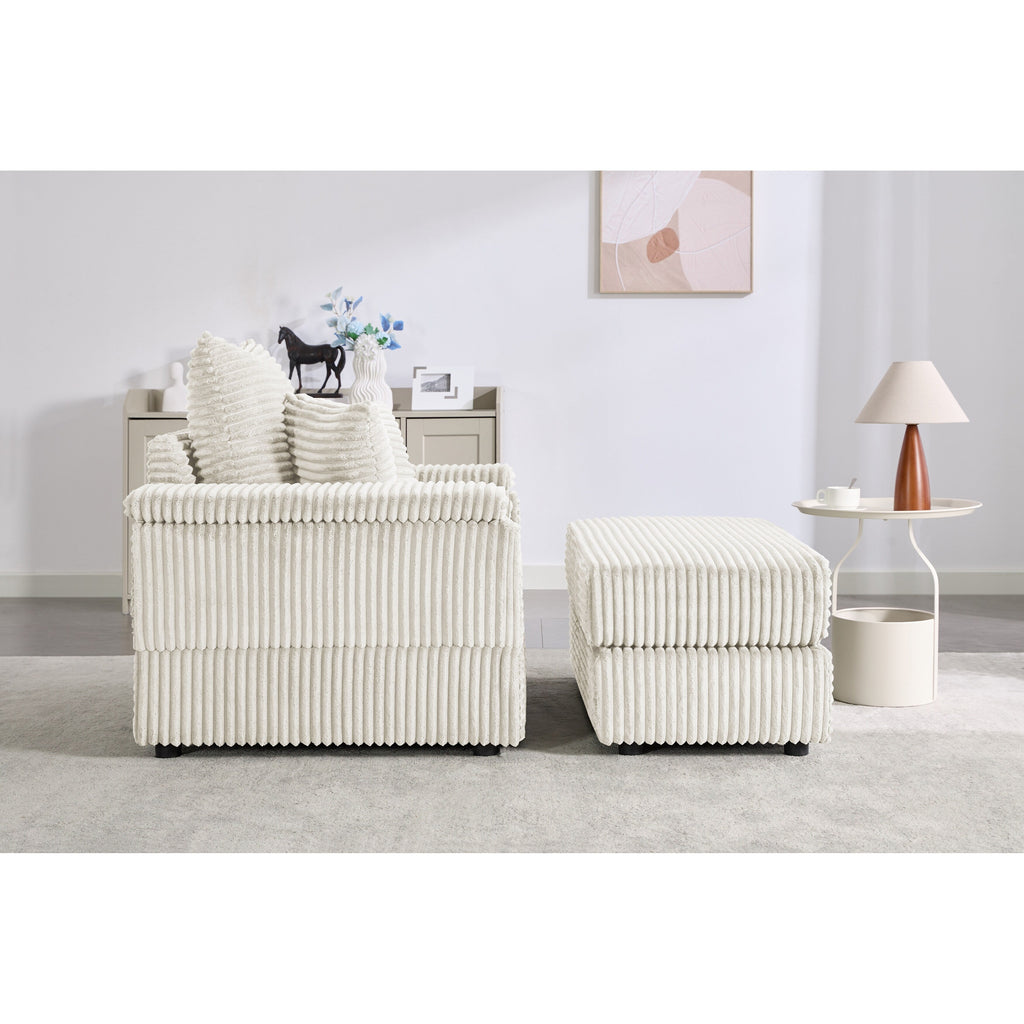 Canapé simple profond en velours côtelé beige 42,52 po avec pouf amovible, accoudoir avec rangement et 2 coussins décoratifs