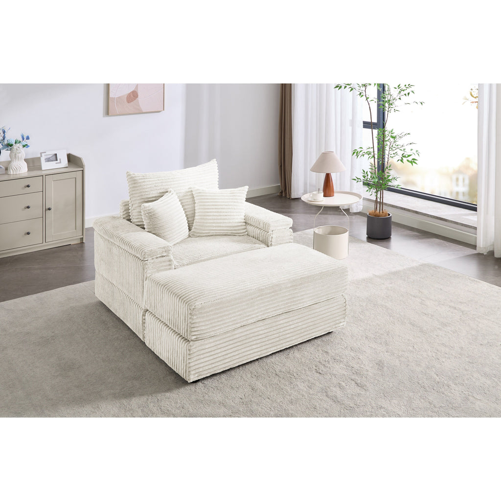 Canapé simple profond en velours côtelé beige 42,52 po avec pouf amovible, accoudoir avec rangement et 2 coussins décoratifs