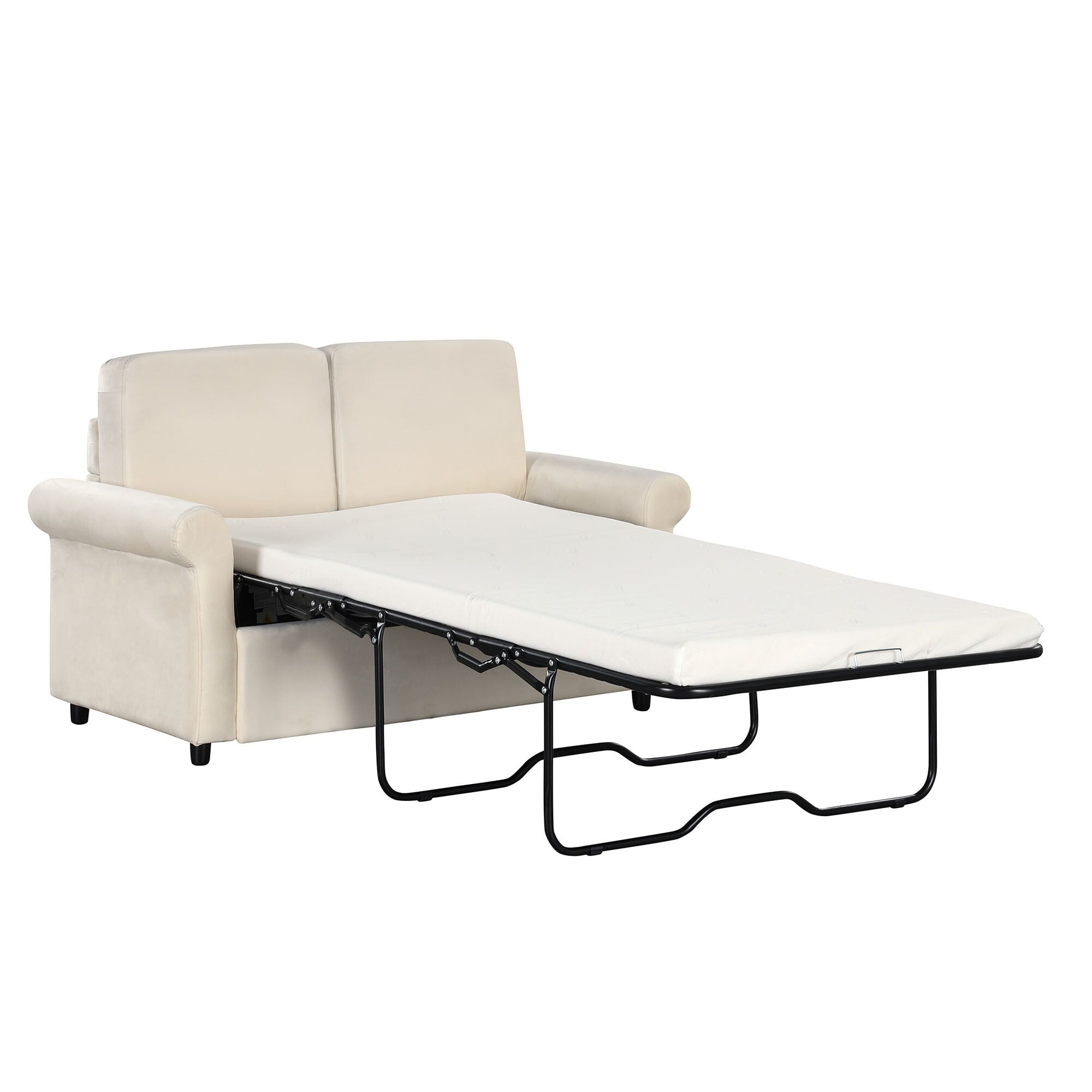 Canapé-lit gigogne 2 en 1 en velours beige 57,4 po avec surmatelas double de qualité supérieure et deux ports USB