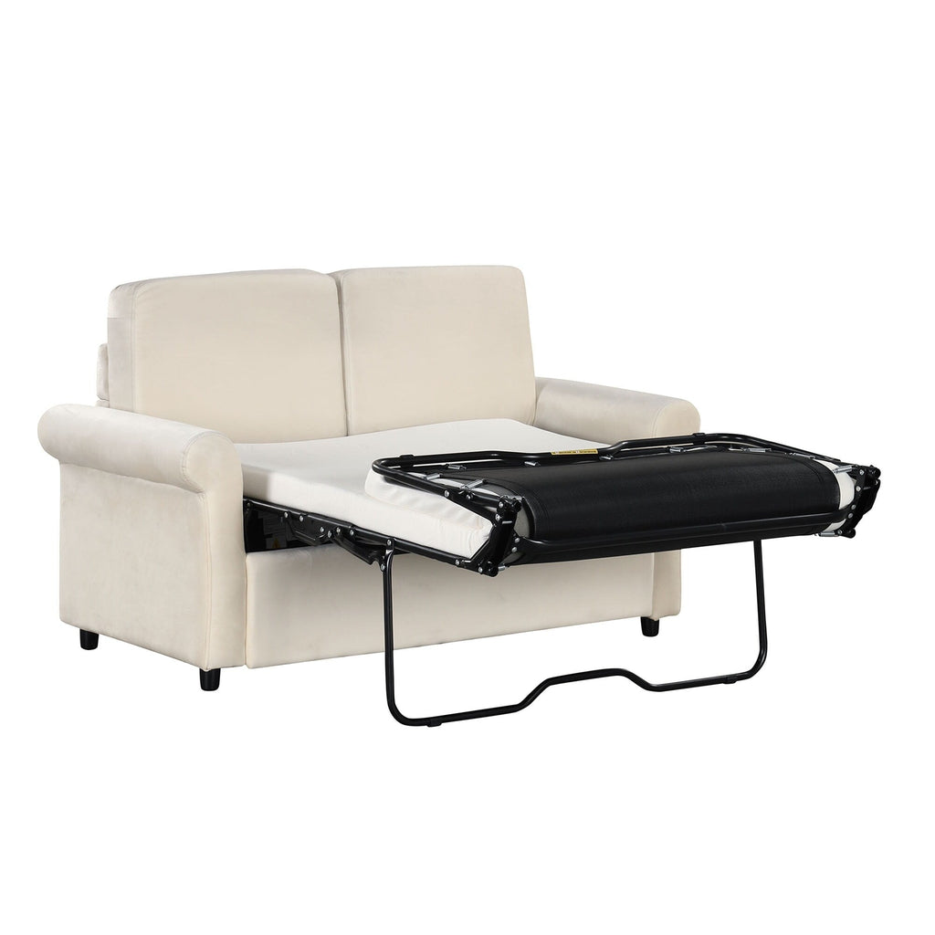 Canapé-lit gigogne 2 en 1 en velours beige 57,4 po avec surmatelas double de qualité supérieure et deux ports USB