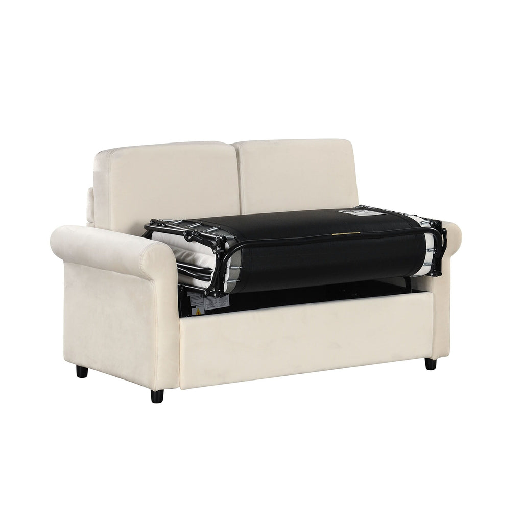 Canapé-lit gigogne 2 en 1 en velours beige 57,4 po avec surmatelas double de qualité supérieure et deux ports USB