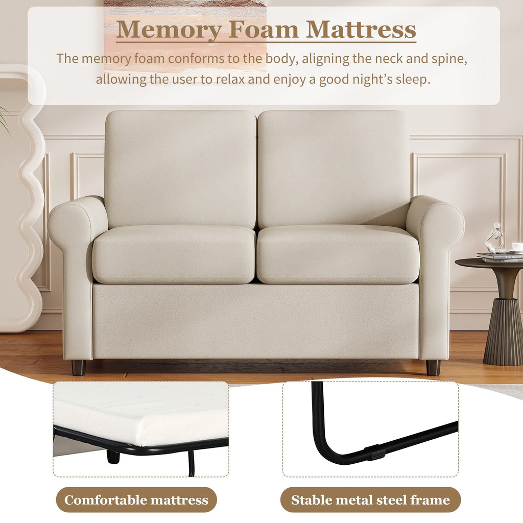 Canapé-lit gigogne 2 en 1 en velours beige 57,4 po avec surmatelas double de qualité supérieure et deux ports USB