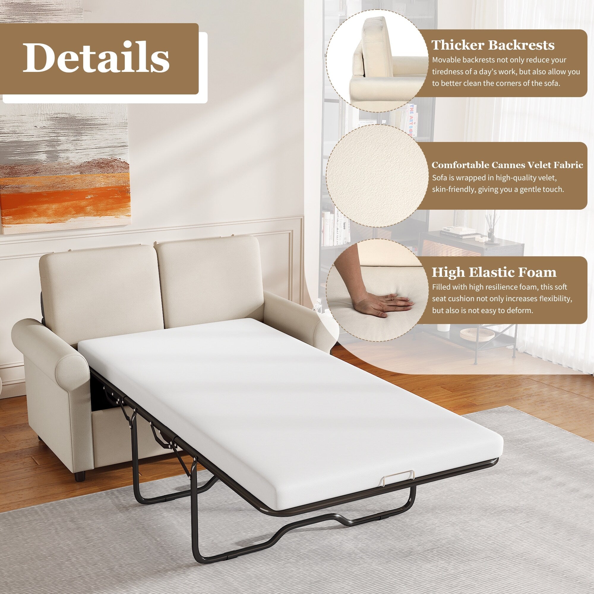 Canapé-lit gigogne 2 en 1 en velours beige 57,4 po avec surmatelas double de qualité supérieure et deux ports USB