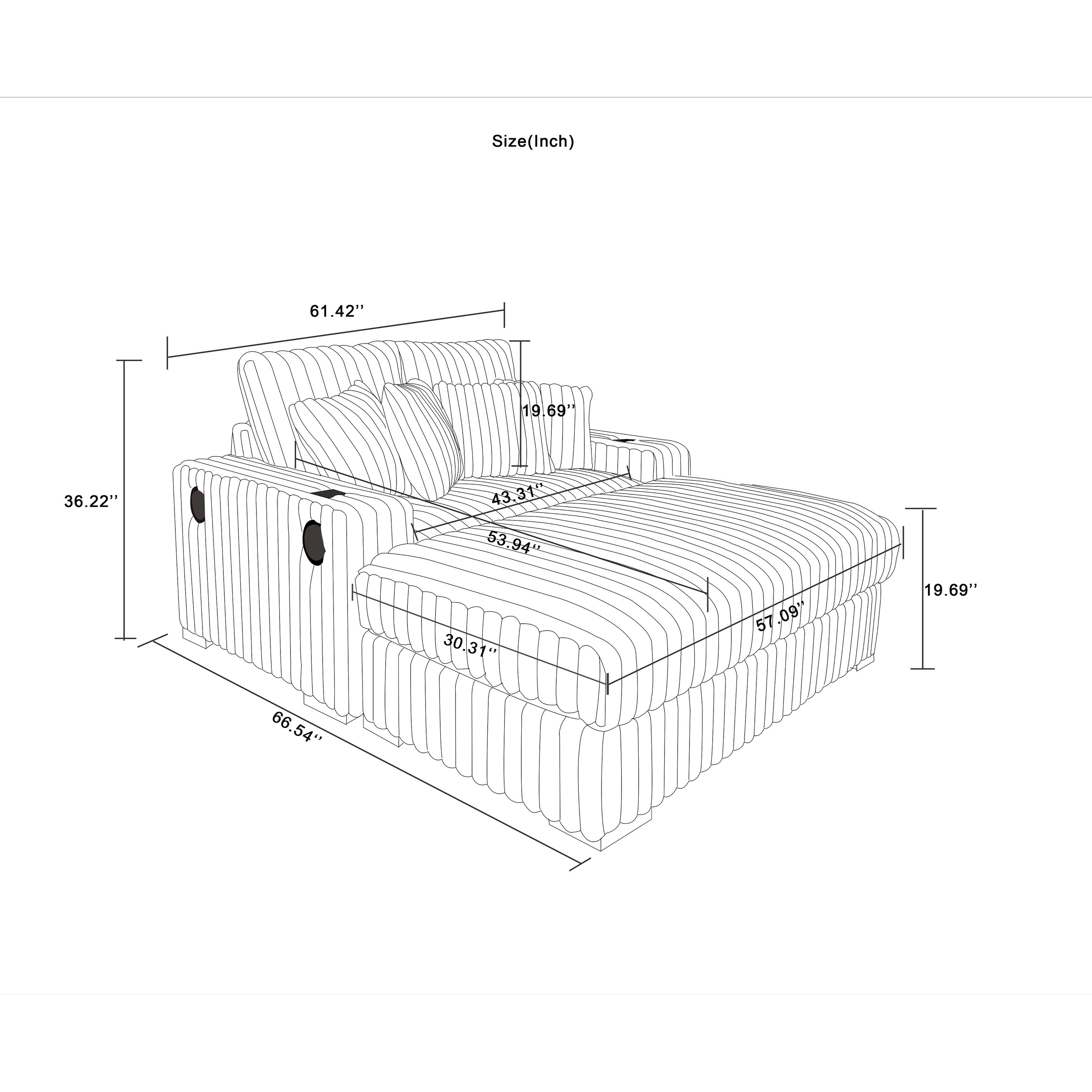 Canapé causeuse beige en velours côtelé 61,42 pouces avec accoudoirs carrés et pouf, haut-parleur Bluetooth, chargeur sans fil, ports USB et porte-gobelet