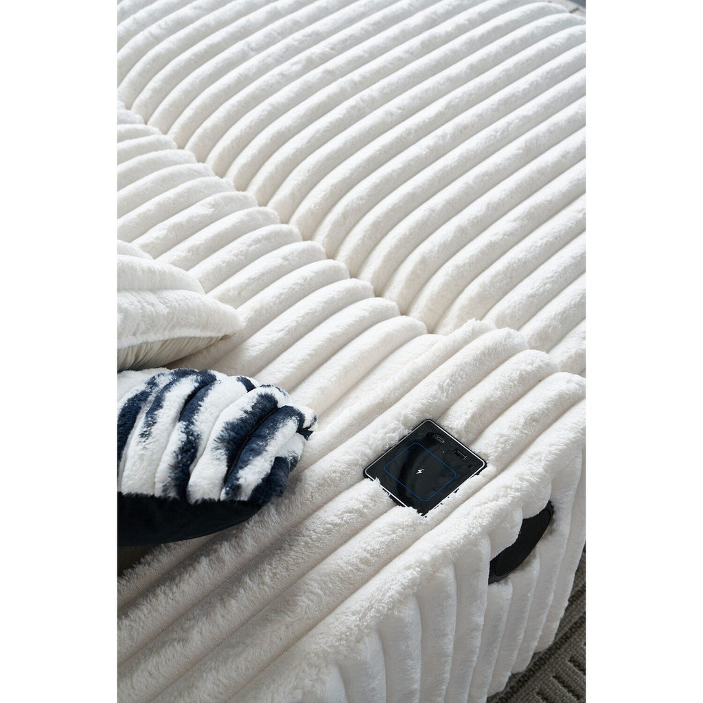 Canapé causeuse beige en velours côtelé 61,42 pouces avec accoudoirs carrés et pouf, haut-parleur Bluetooth, chargeur sans fil, ports USB et porte-gobelet