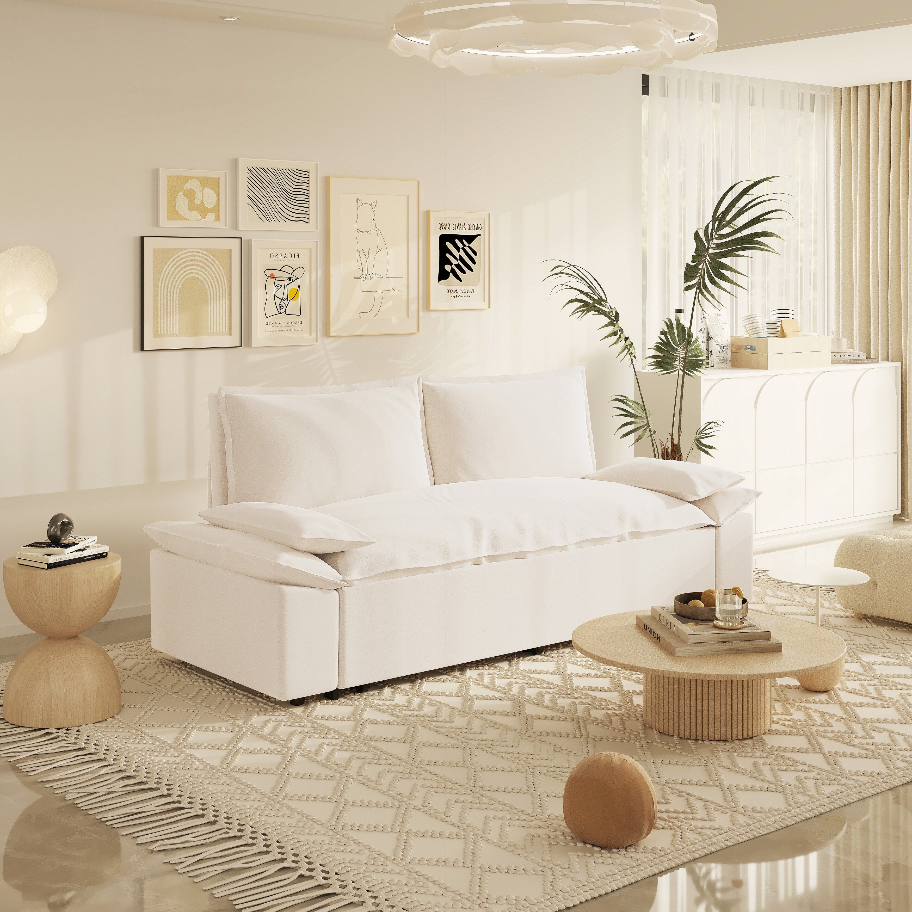 Canapé-lit gigogne 3 en 1 en velours beige 70.1 avec 2 coussins moelleux pour le salon