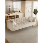 Canapé convertible 3 places en velours beige 71 avec deux coussins décoratifs et pieds en métal pour le salon