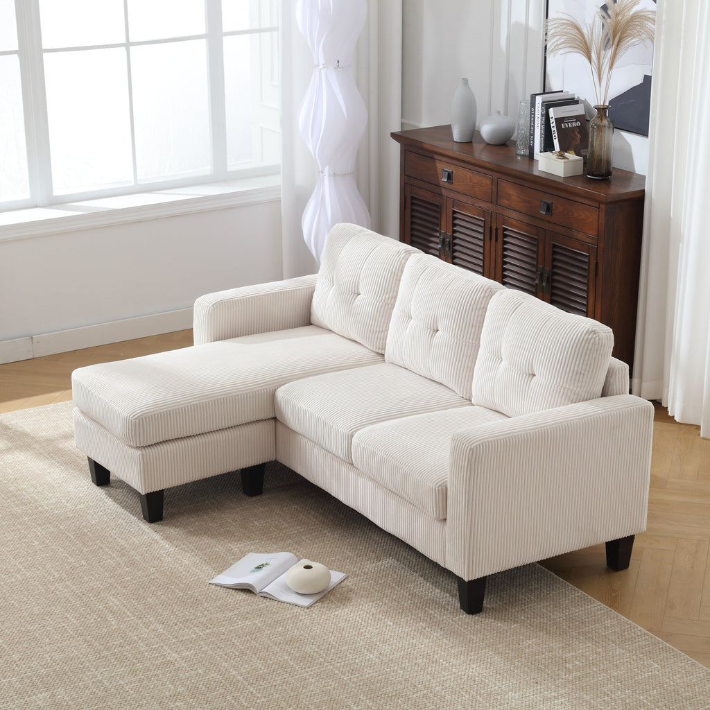 Canapé en L en velours beige 73,62 pouces, 3 places avec méridienne réversible, adapté aux animaux et facile à assembler pour les petits espaces