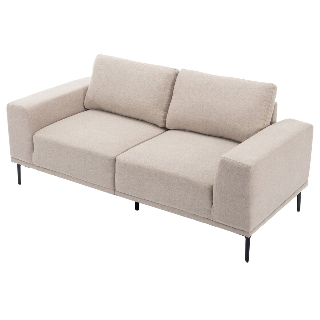 Canapé 2 places en tissu beige 74,8 pouces avec coussins amovibles, pieds en fer et accoudoirs carrés