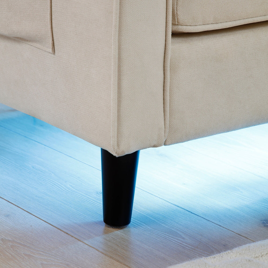 Canapé convertible 3 places en tissu beige de 75,2 po avec pouf de rangement, 2 ports USB, lumières LED et pieds en bois