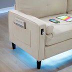 Canapé convertible 3 places en tissu beige de 75,2 po avec pouf de rangement, 2 ports USB, lumières LED et pieds en bois