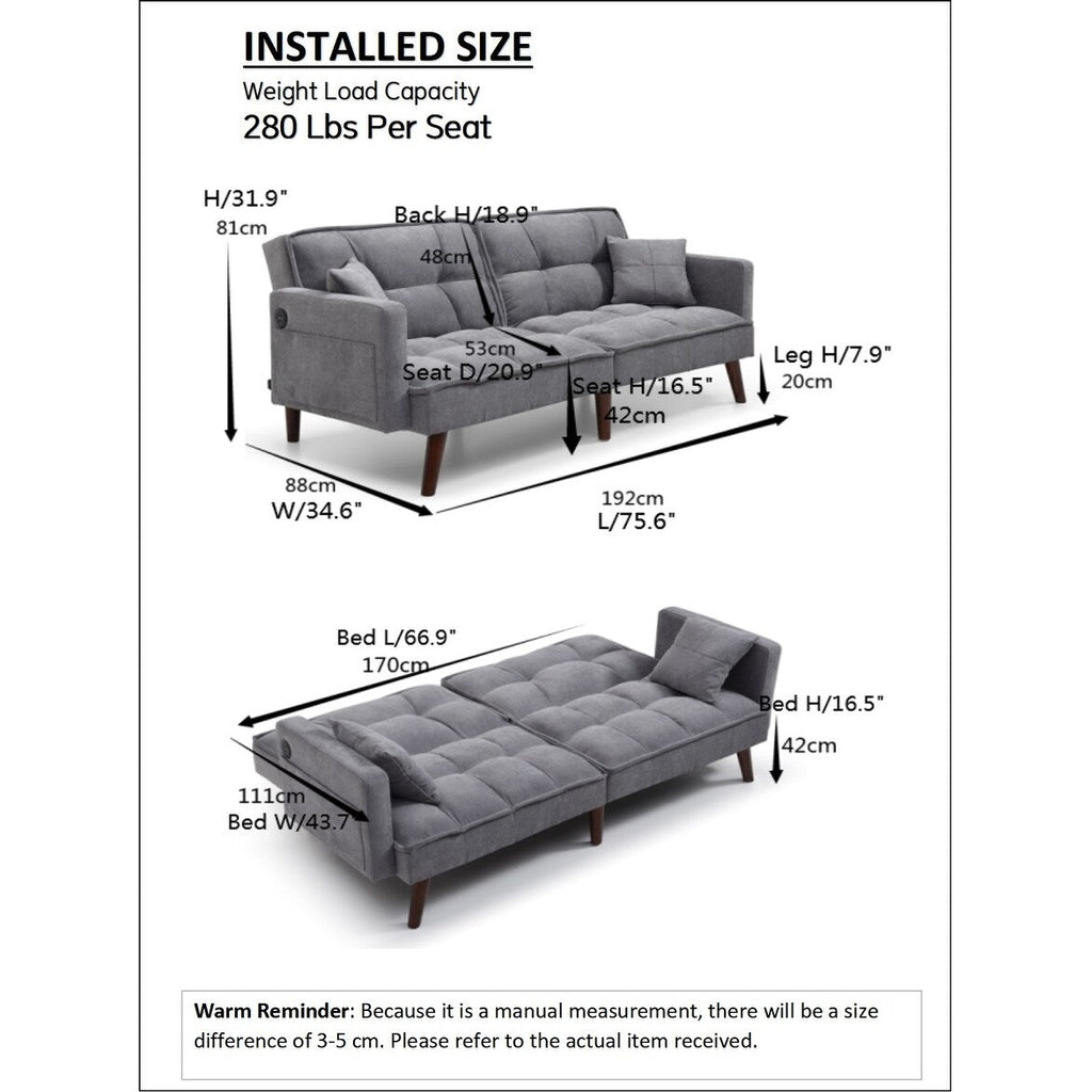 Canapé-lit causeuse beige 75,6 pouces en chenille avec port de chargement USB et dossier réglable pour le salon