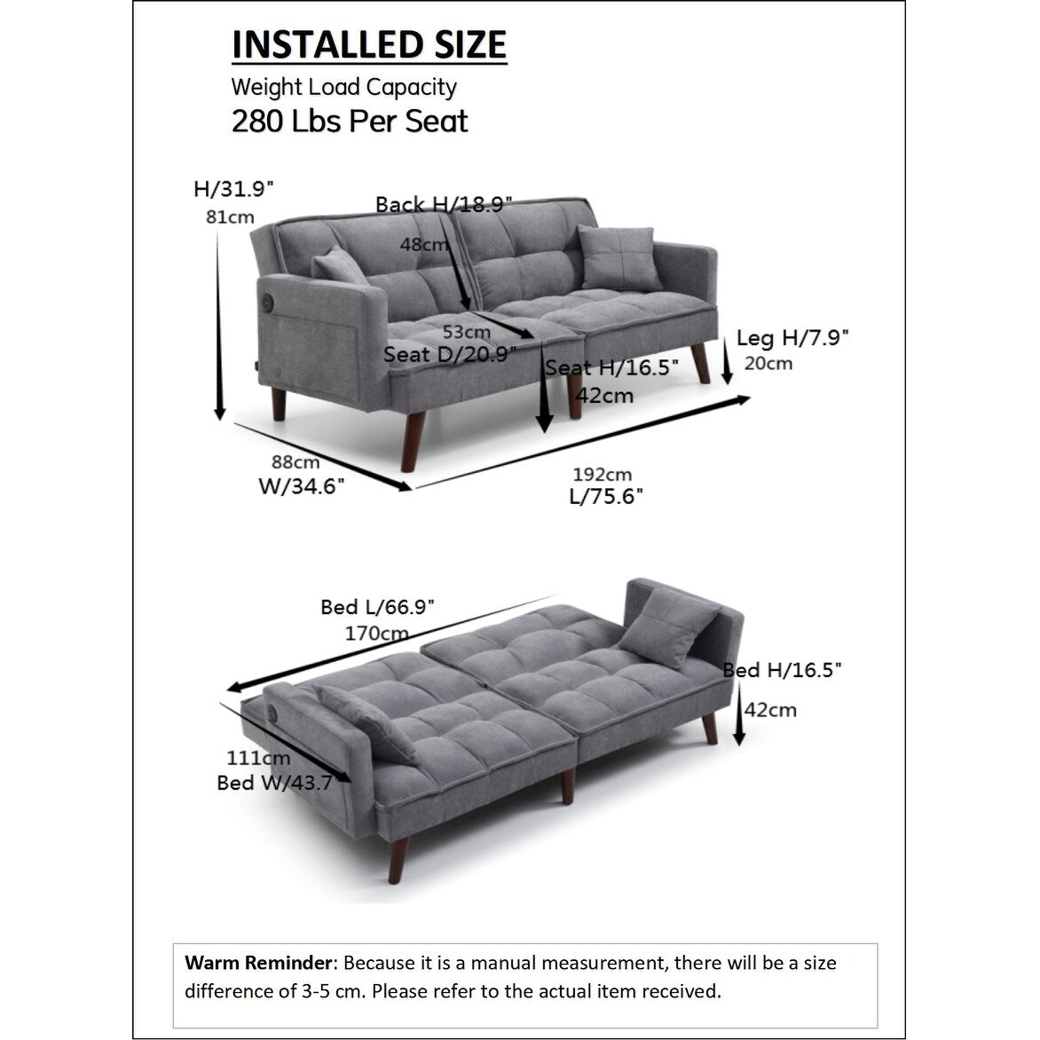 Canapé-lit causeuse beige 75,6 pouces en chenille avec port de chargement USB et dossier réglable pour le salon