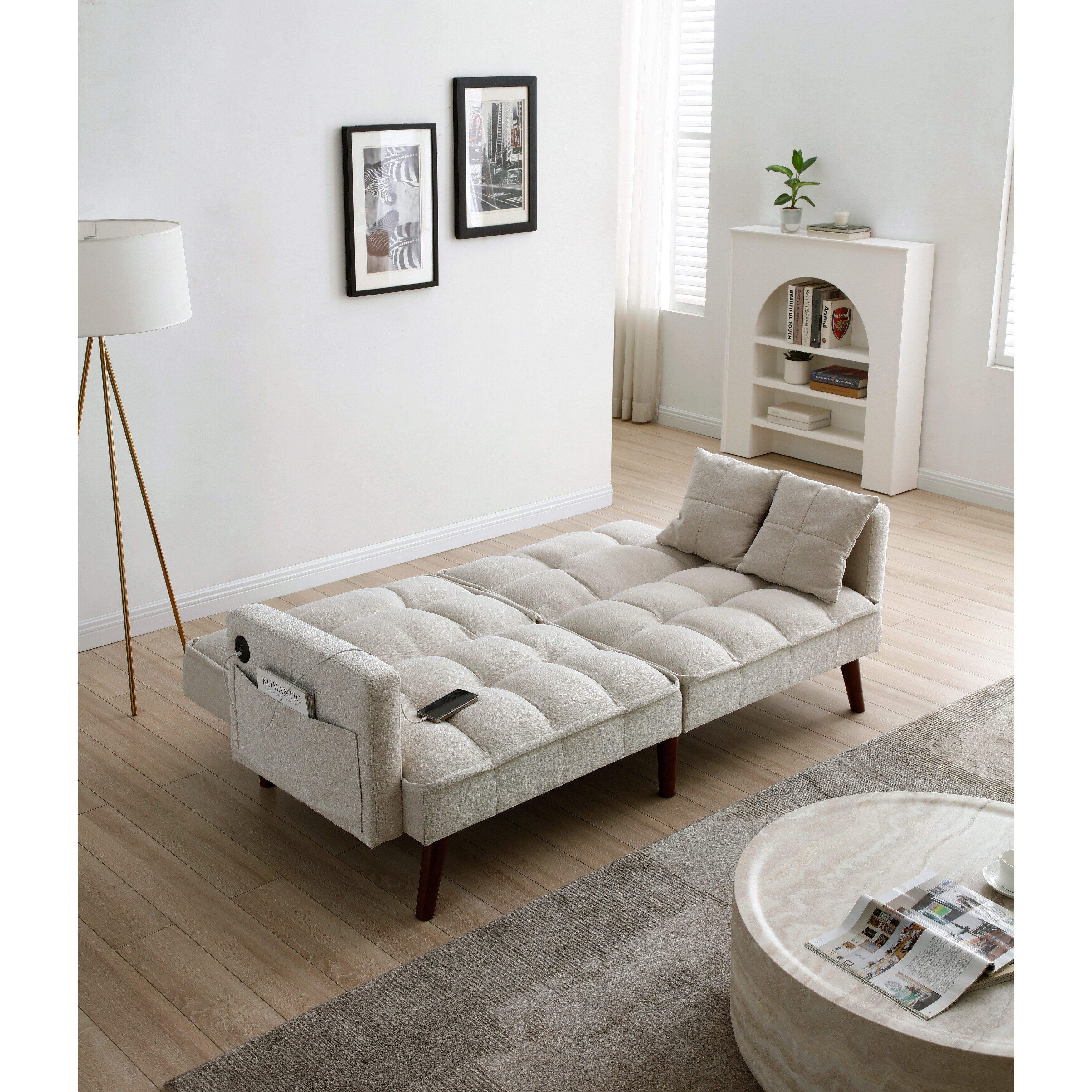 Canapé-lit causeuse beige 75,6 pouces en chenille avec port de chargement USB et dossier réglable pour le salon
