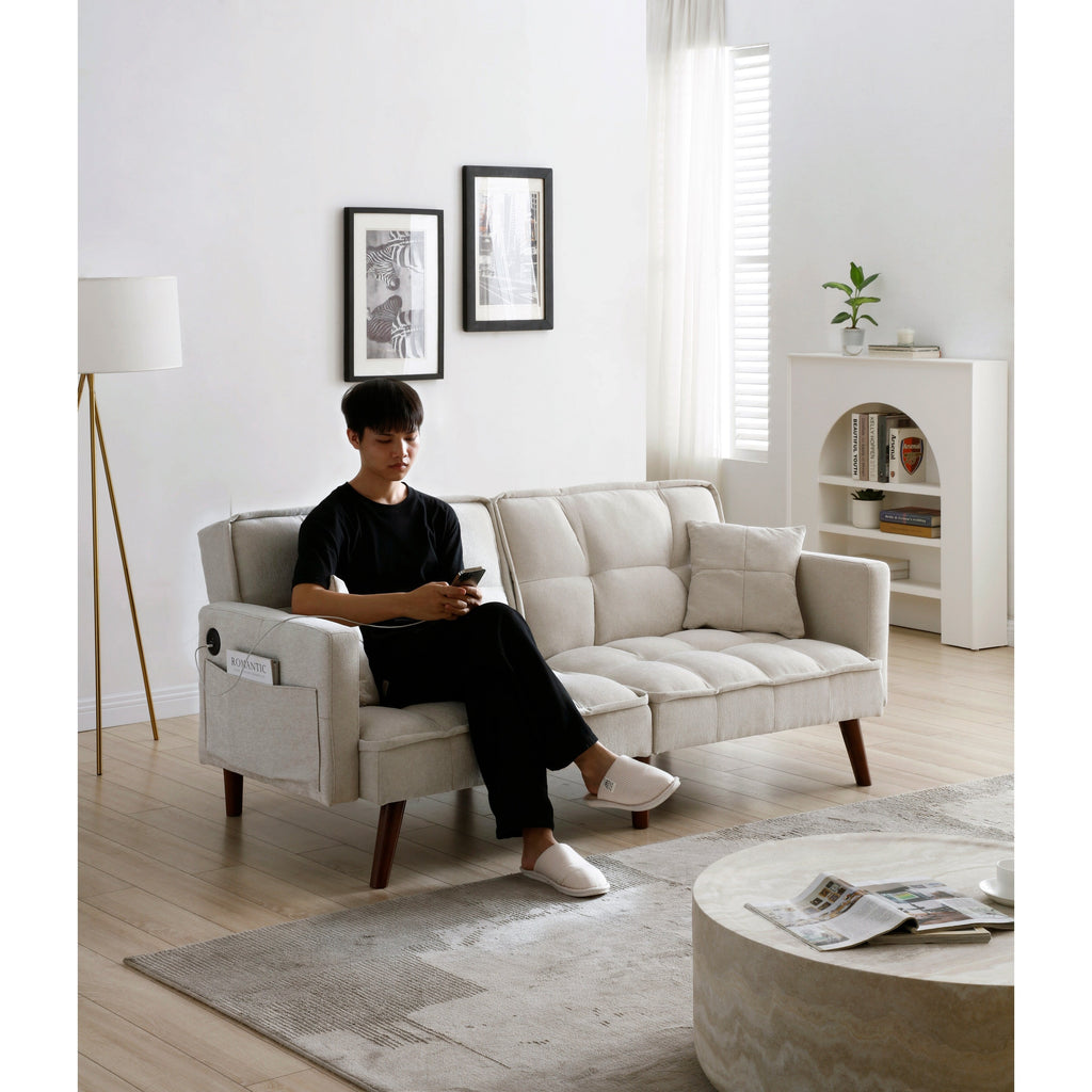 Canapé-lit causeuse beige 75,6 pouces en chenille avec port de chargement USB et dossier réglable pour le salon