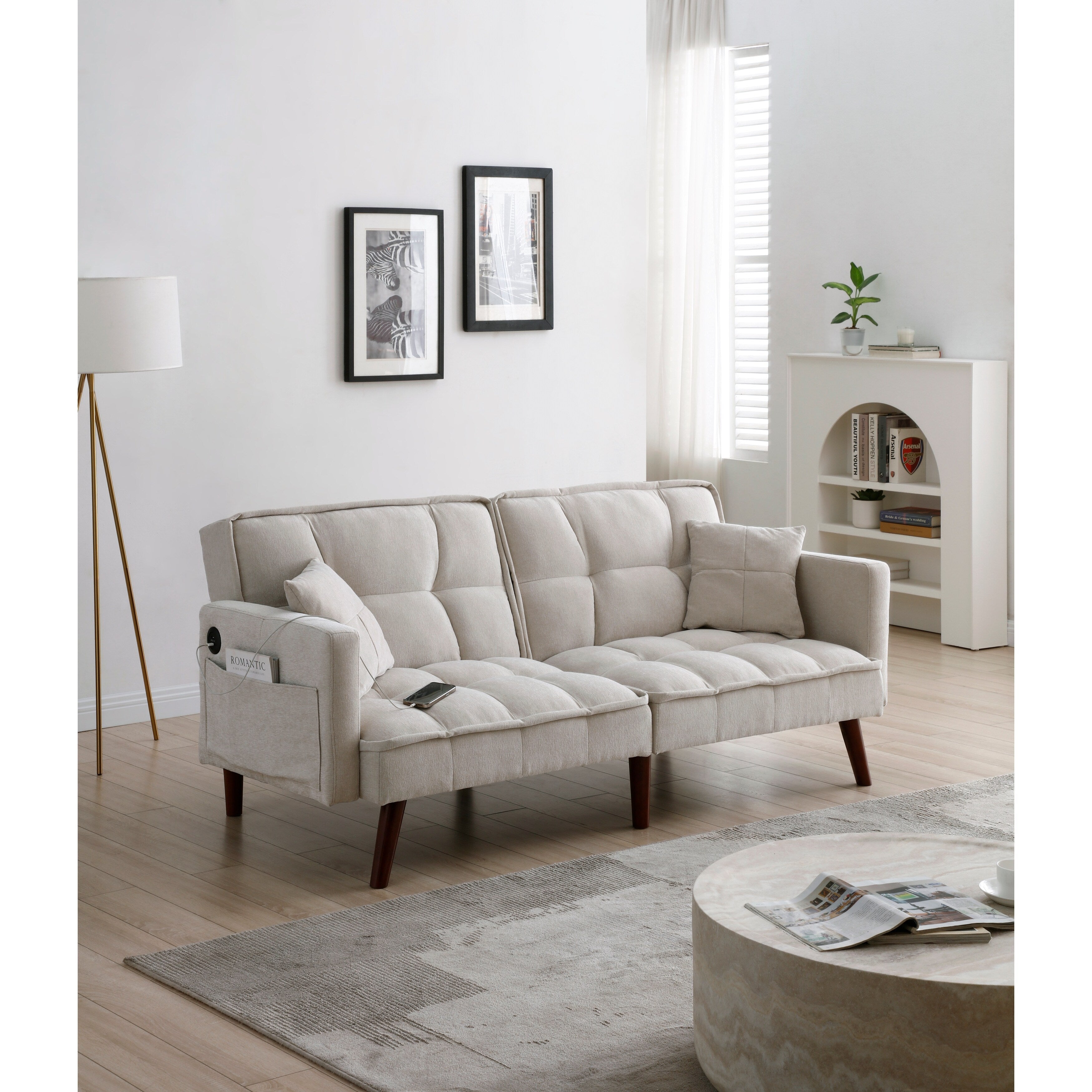 Canapé-lit causeuse beige 75,6 pouces en chenille avec port de chargement USB et dossier réglable pour le salon