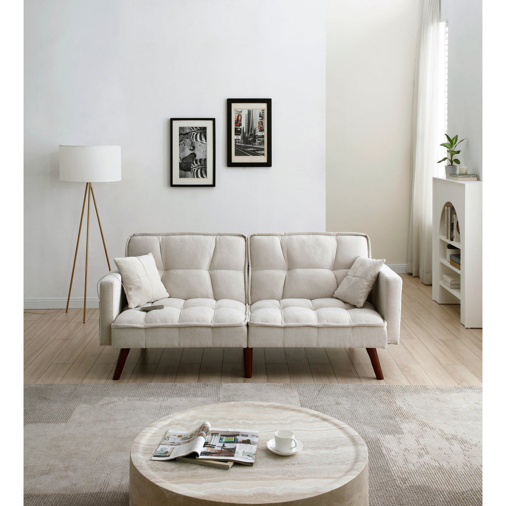 Canapé-lit causeuse beige 75,6 pouces en chenille avec port de chargement USB et dossier réglable pour le salon