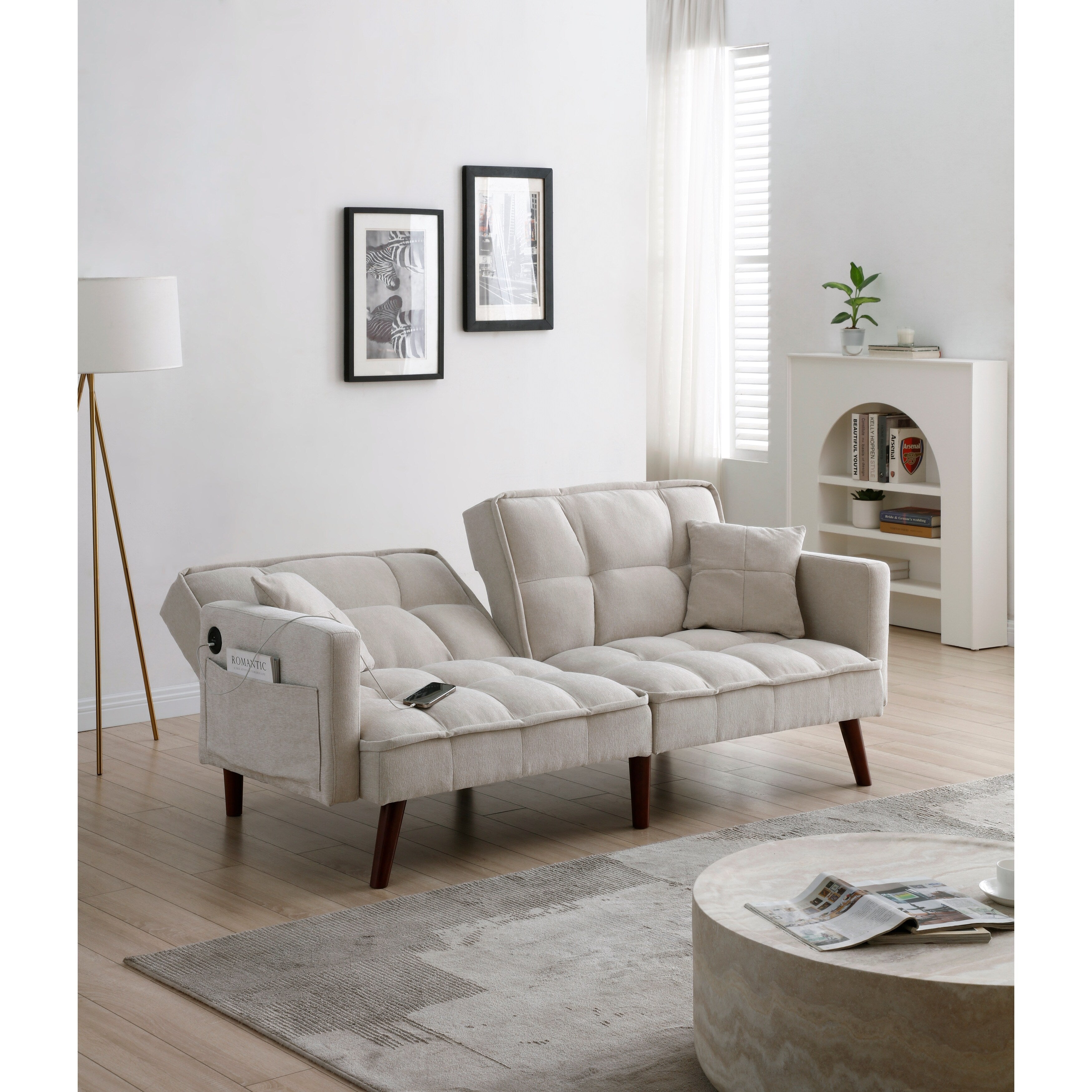 Canapé-lit causeuse beige 75,6 pouces en chenille avec port de chargement USB et dossier réglable pour le salon