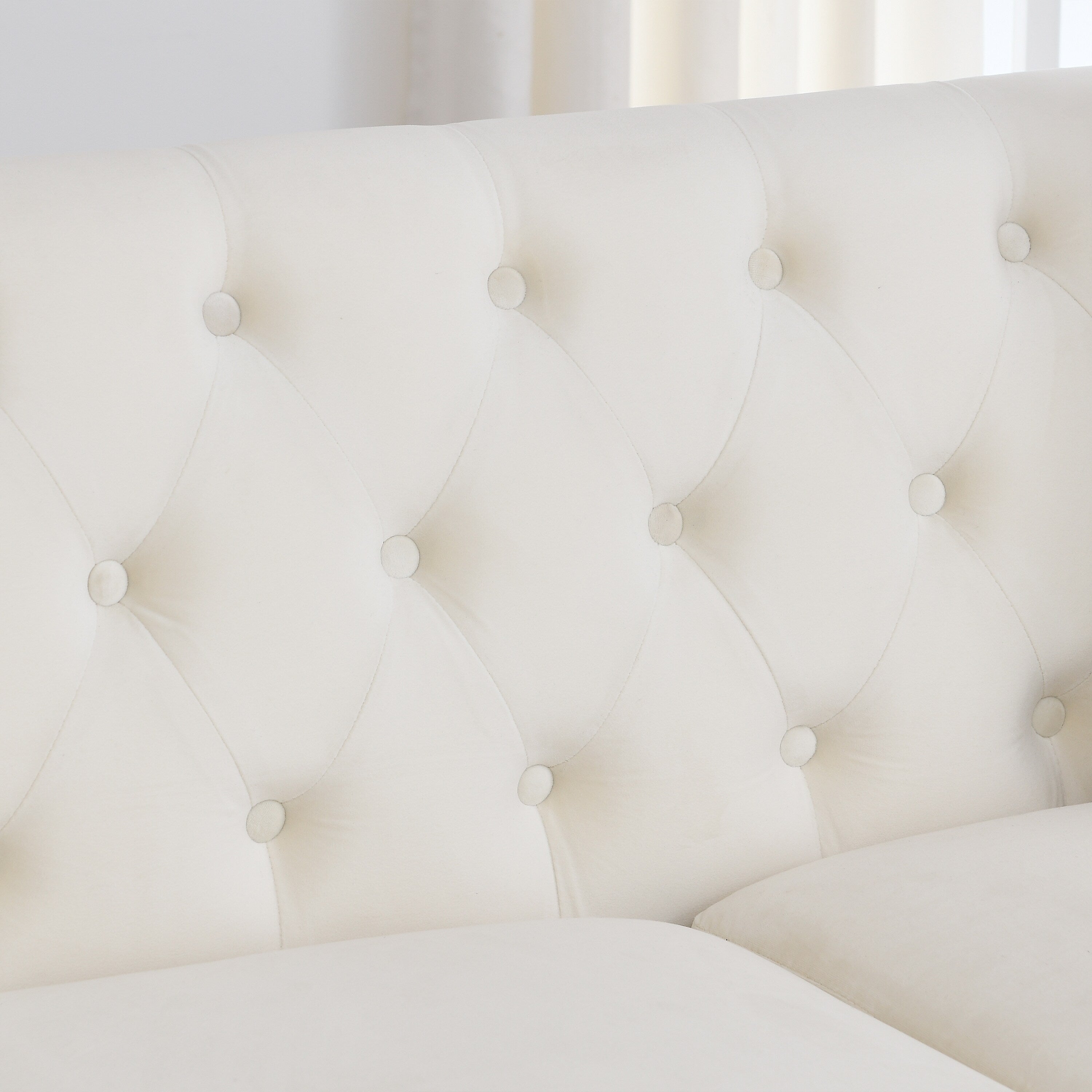 Canapé 3 places en velours beige de 77 pouces avec dossier capitonné et coussins