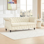 Canapé Chesterfield 3 places en lin beige de 78,7 po avec accoudoirs roulés, capitonnage à boutons et garniture cloutée