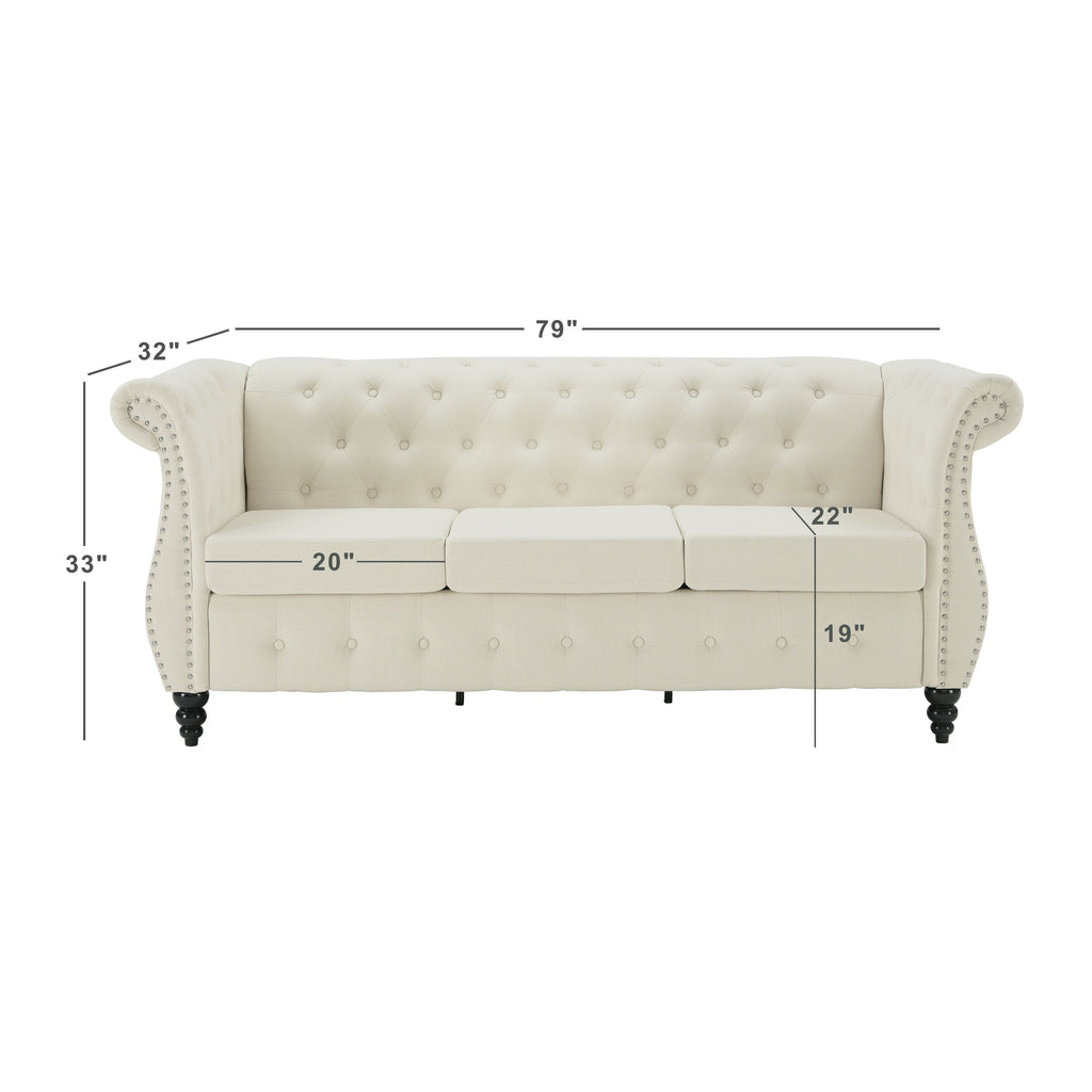 Canapé Chesterfield 3 places en lin beige de 78,7 pouces avec accoudoirs roulés capitonnés à boutons, garniture cloutée et pieds en bois tournés