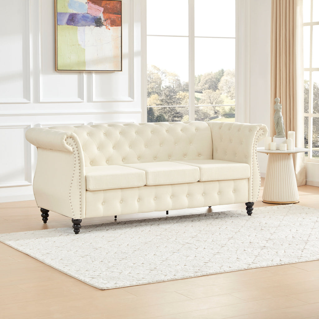 Canapé Chesterfield 3 places en lin beige de 78,7 po avec accoudoirs capitonnés et pieds en bois