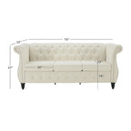 Canapé Chesterfield 3 places en lin beige de 78,7 po avec accoudoirs roulés, capitonnage à boutons et détails cloutés