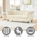 Canapé 3 places rembourré en lin beige de 79 po avec capitonnage à boutons, accoudoirs roulés, garniture cloutée et pieds en bois tournés