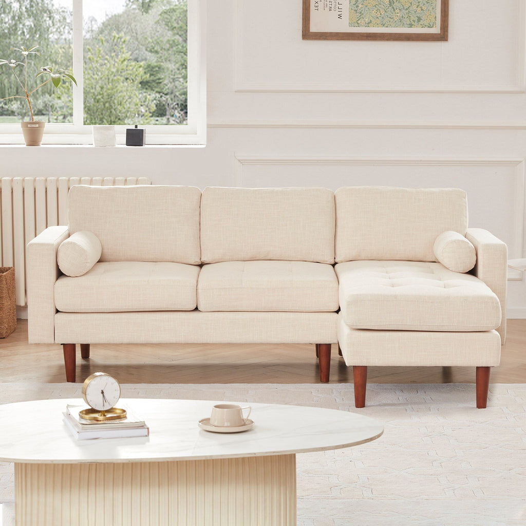 Canapé sectionnel 3 places en L en lin beige 80 avec méridienne réversible, coussin d'assise capitonné et cadre en bois robuste