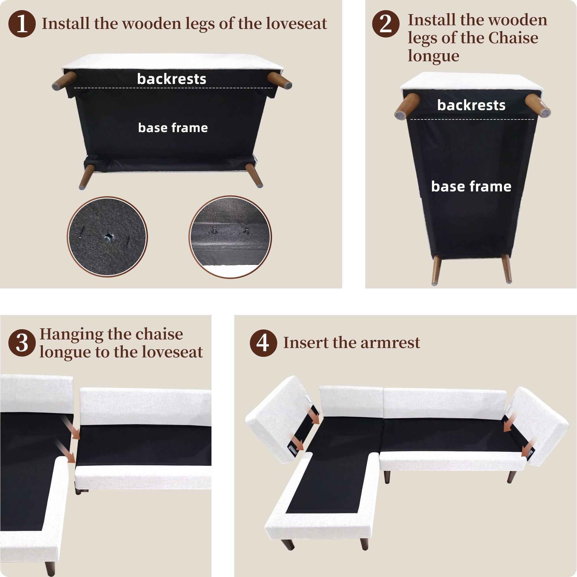 Canapé sectionnel 3 places en lin beige de 80 pouces avec méridienne réversible et cadre en bois robuste