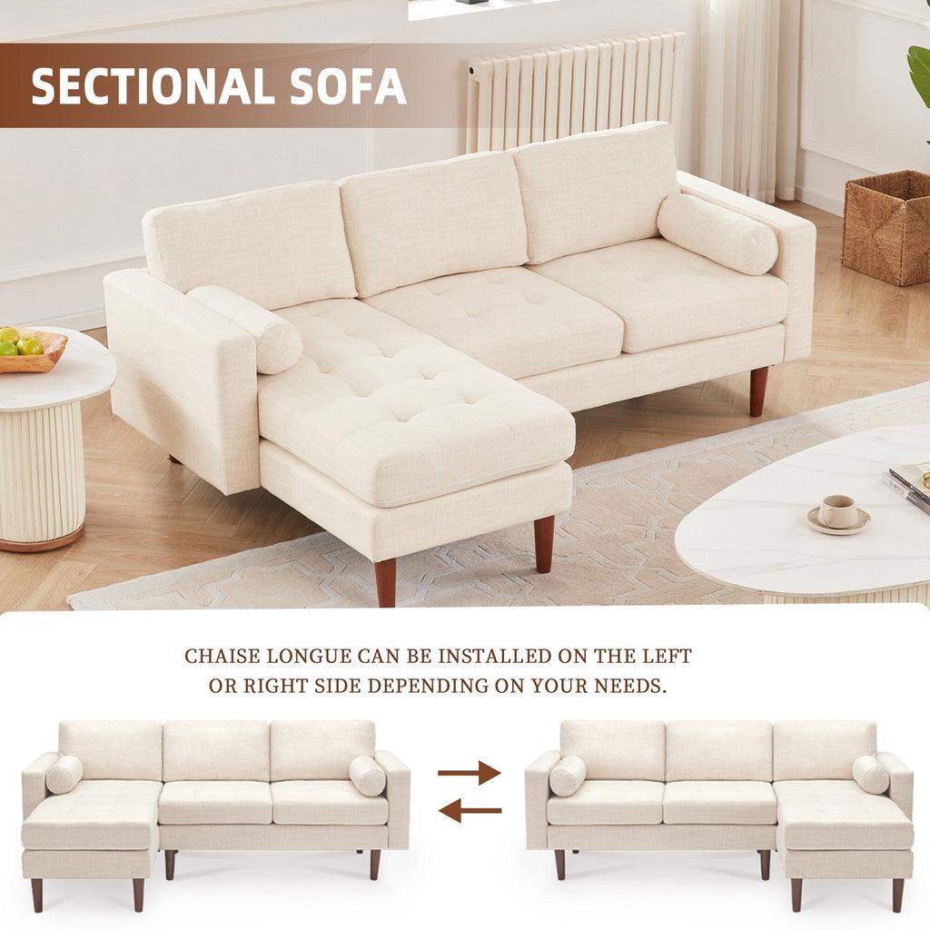 Canapé sectionnel 3 places en lin beige de 80 pouces avec méridienne réversible et cadre en bois robuste