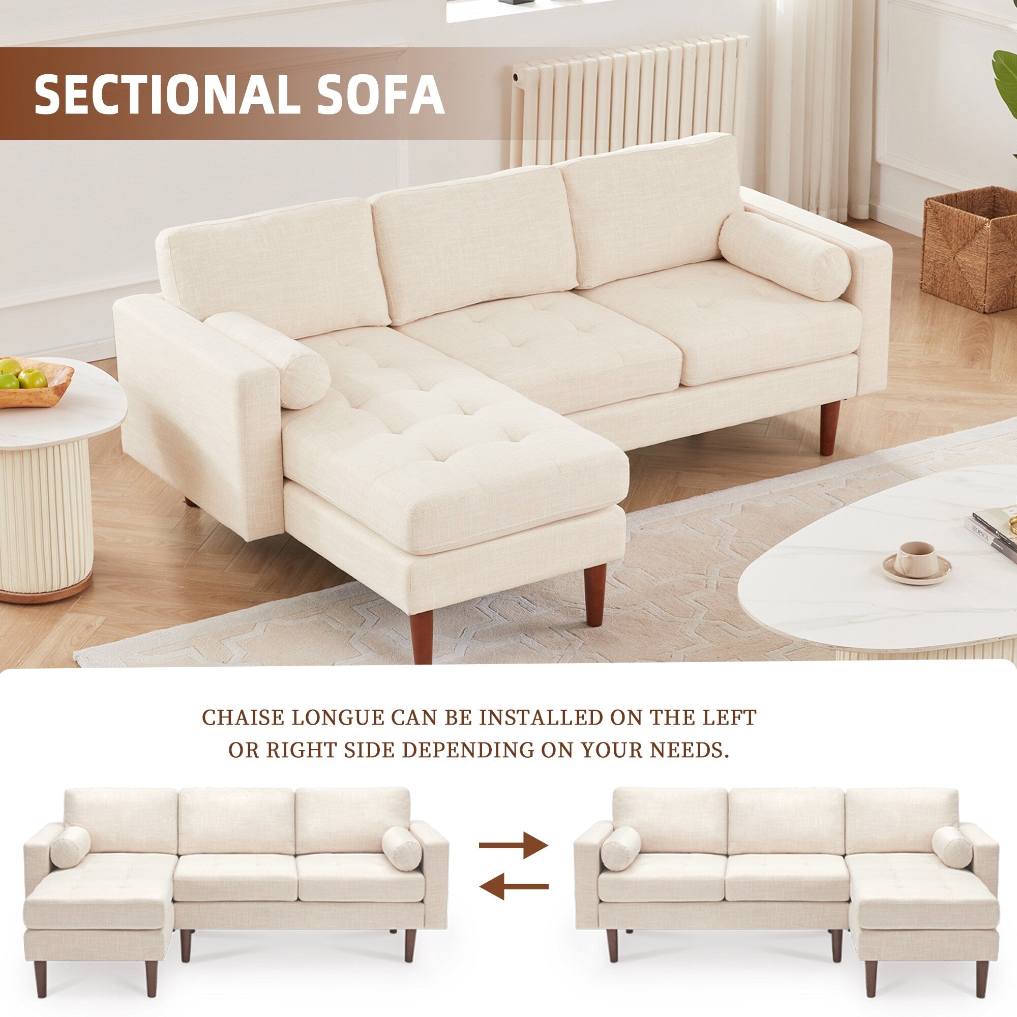 Canapé sectionnel 3 places en lin beige de 80 pouces avec méridienne réversible et cadre en bois robuste