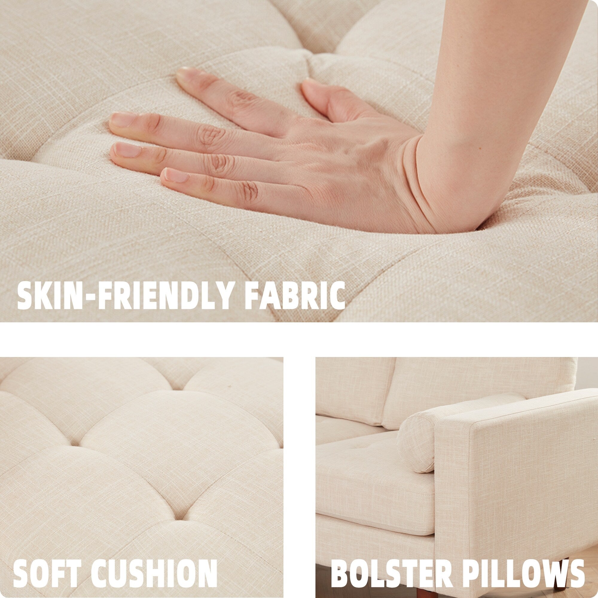 Canapé sectionnel 3 places en lin beige 80'' en forme de L avec méridienne réversible, coussins d'assise capitonnés et cadre en bois robuste