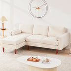 Canapé sectionnel 3 places en L beige 80'' en lin avec méridienne réversible, coussins d'assise capitonnés et cadre en bois robuste