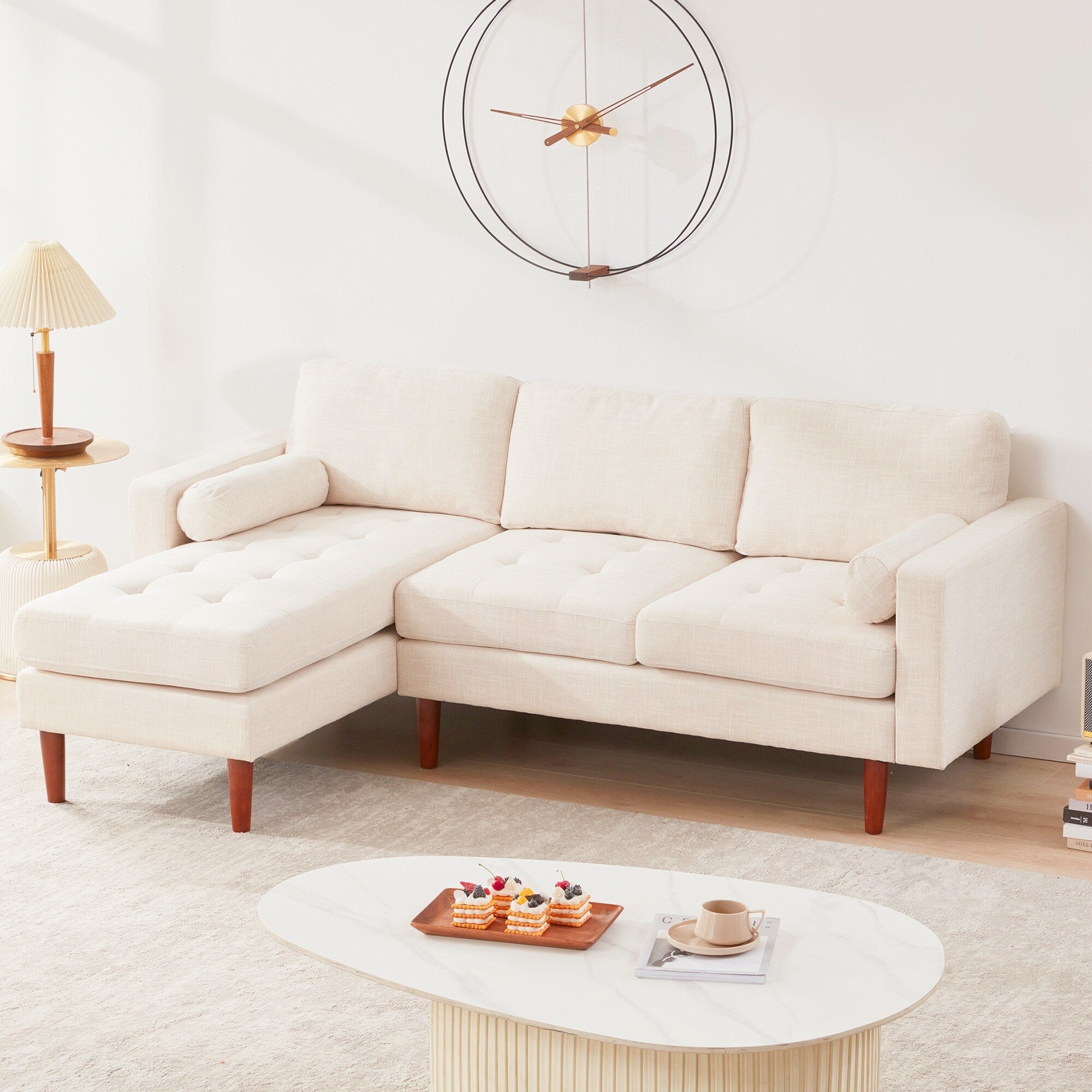 Canapé sectionnel en L beige de 80 po en lin avec méridienne réversible, cadre en bois et design confortable