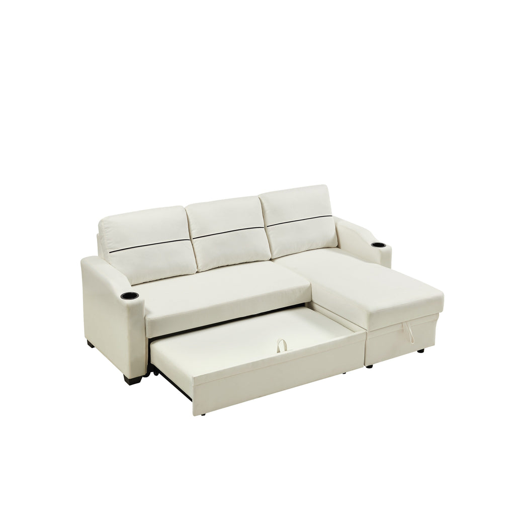 Canapé 3 places beige de 81,9 pouces avec méridienne, rangement et design facile à déplacer avec pieds en plastique et roulettes en caoutchouc