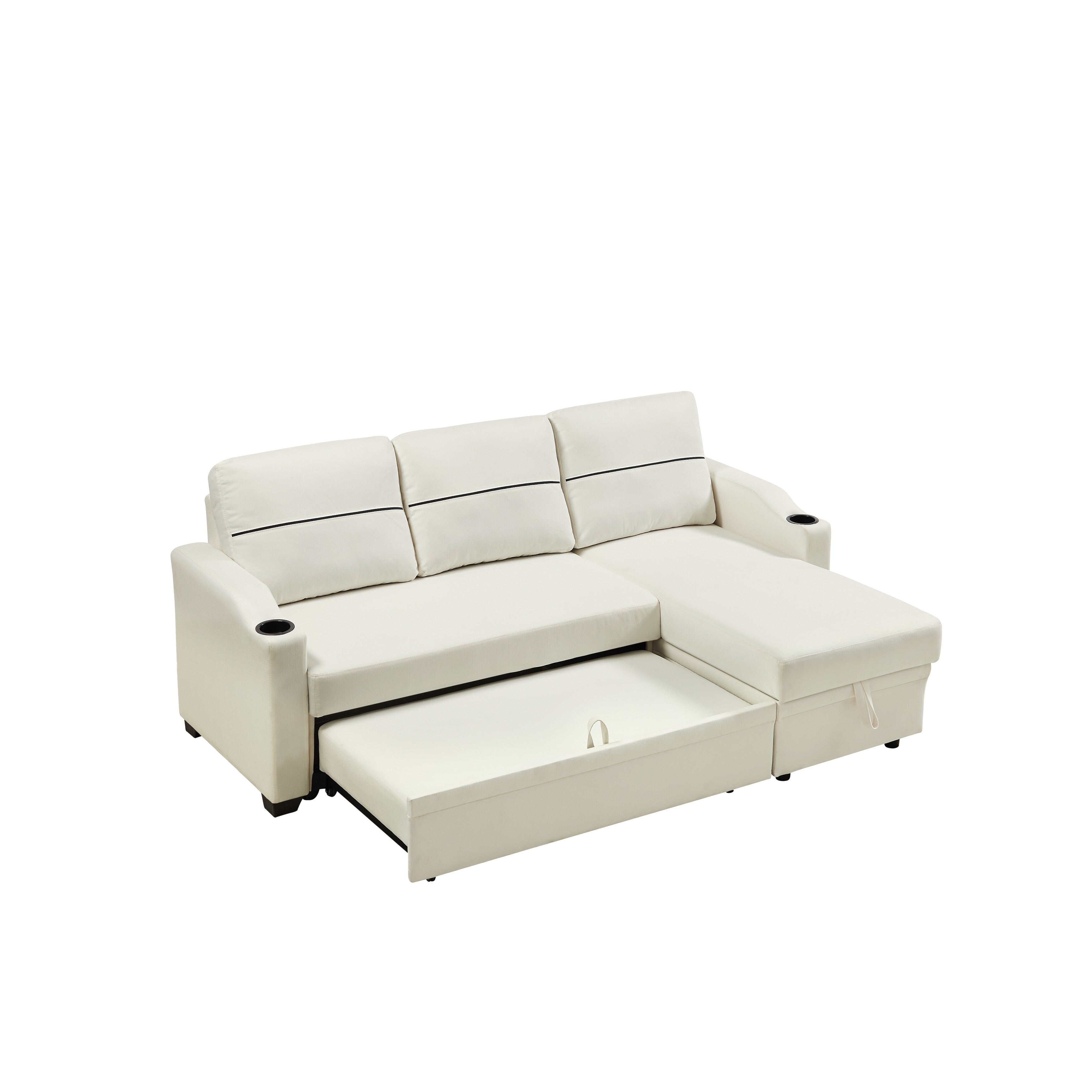 Canapé 3 places beige de 81,9 pouces avec méridienne, rangement et design facile à déplacer avec pieds en plastique et roulettes en caoutchouc